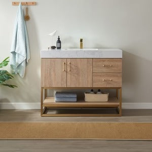 Vinnova, Alistair 24" Single Vanity in North American Oak with White Grain Stone Countertop Without Mirror