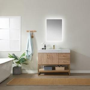 Vinnova, Alistair 24" Single Vanity in North American Oak with White Grain Stone Countertop Without Mirror