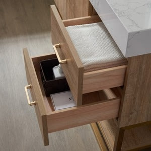 Vinnova, Alistair 24" Single Vanity in North American Oak with White Grain Stone Countertop Without Mirror