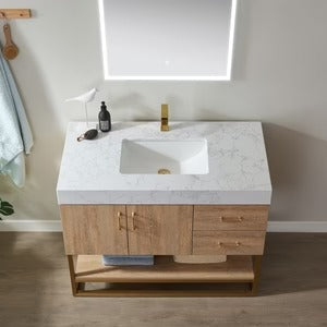 Vinnova, Alistair 24" Single Vanity in North American Oak with White Grain Stone Countertop Without Mirror