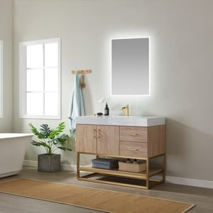 Vinnova, Alistair 24" Single Vanity in North American Oak with White Grain Stone Countertop Without Mirror