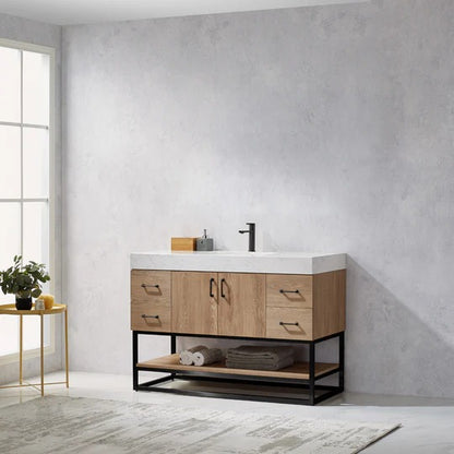 Vinnova, Alistair 48B" Single Vanity in North American Oak with White Grain Stone Countertop With Mirror