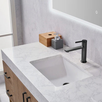 Vinnova, Alistair 48B" Single Vanity in North American Oak with White Grain Stone Countertop With Mirror