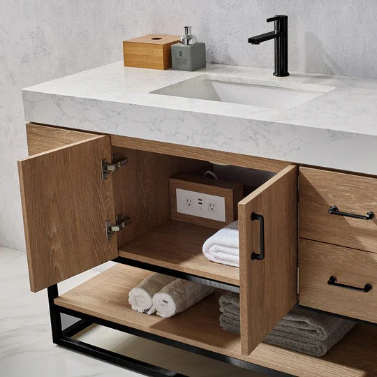 Vinnova, Alistair 48B" Single Vanity in North American Oak with White Grain Stone Countertop With Mirror