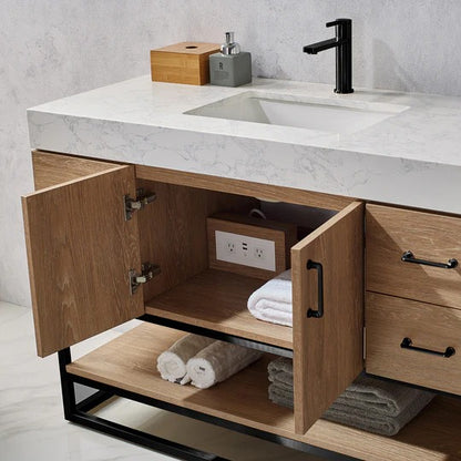 Vinnova, Alistair 48B" Single Vanity in North American Oak with White Grain Stone Countertop With Mirror