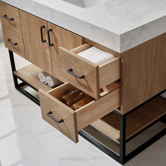 Vinnova, Alistair 48B" Single Vanity in North American Oak with White Grain Stone Countertop With Mirror
