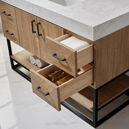 Vinnova, Alistair 48B" Single Vanity in North American Oak with White Grain Stone Countertop With Mirror