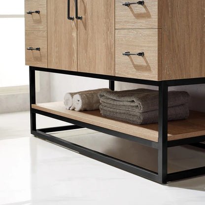 Vinnova, Alistair 48B" Single Vanity in North American Oak with White Grain Stone Countertop With Mirror