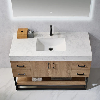 Vinnova, Alistair 48B" Single Vanity in North American Oak with White Grain Stone Countertop With Mirror
