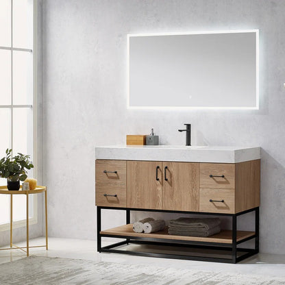 Vinnova, Alistair 48B" Single Vanity in North American Oak with White Grain Stone Countertop With Mirror