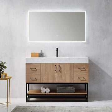 Vinnova, Alistair 48B" Single Vanity in North American Oak with White Grain Stone Countertop With Mirror