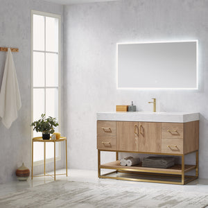 Vinnova, Alistair 48" Single Vanity in North American Oak with White Grain Stone Countertop With Mirror