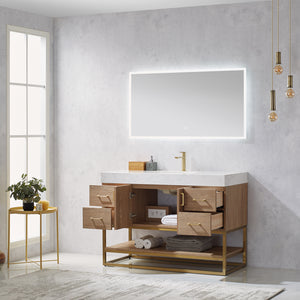 Vinnova, Alistair 48" Single Vanity in North American Oak with White Grain Stone Countertop With Mirror