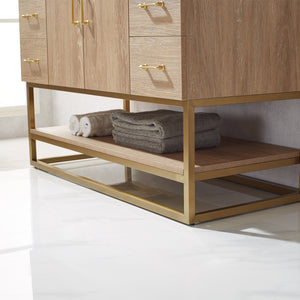 Vinnova, Alistair 48" Single Vanity in North American Oak with White Grain Stone Countertop With Mirror