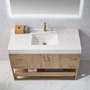 Vinnova, Alistair 48" Single Vanity in North American Oak with White Grain Stone Countertop With Mirror