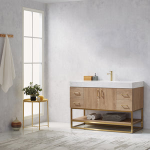Vinnova, Alistair 48" Single Vanity in North American Oak with White Grain Stone Countertop With Mirror