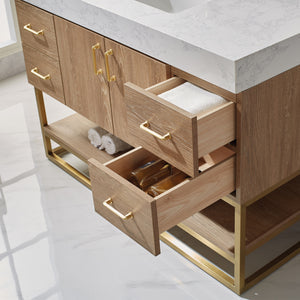 Vinnova, Alistair 48" Single Vanity in North American Oak with White Grain Stone Countertop With Mirror