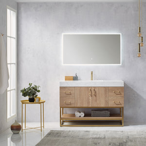 Vinnova, Alistair 48" Single Vanity in North American Oak with White Grain Stone Countertop With Mirror