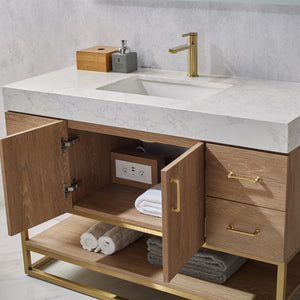 Vinnova, Alistair 48" Single Vanity in North American Oak with White Grain Stone Countertop With Mirror