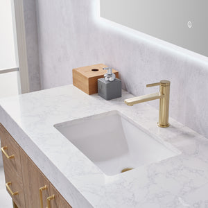 Vinnova, Alistair 48" Single Vanity in North American Oak with White Grain Stone Countertop With Mirror