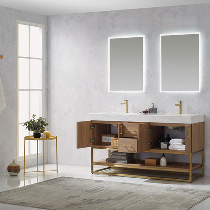 Vinnova, Alistair 60" Double Vanity in North American Oak with White Grain Stone Countertop With Mirror