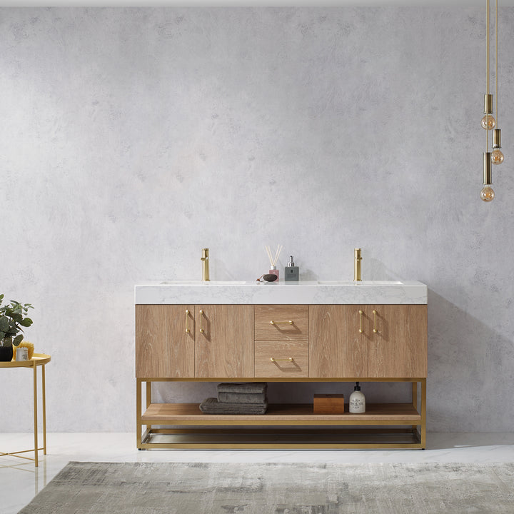 Vinnova, Alistair 60" Double Vanity in North American Oak with White Grain Stone Countertop With Mirror