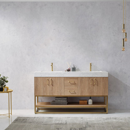 Vinnova, Alistair 60" Double Vanity in North American Oak with White Grain Stone Countertop With Mirror