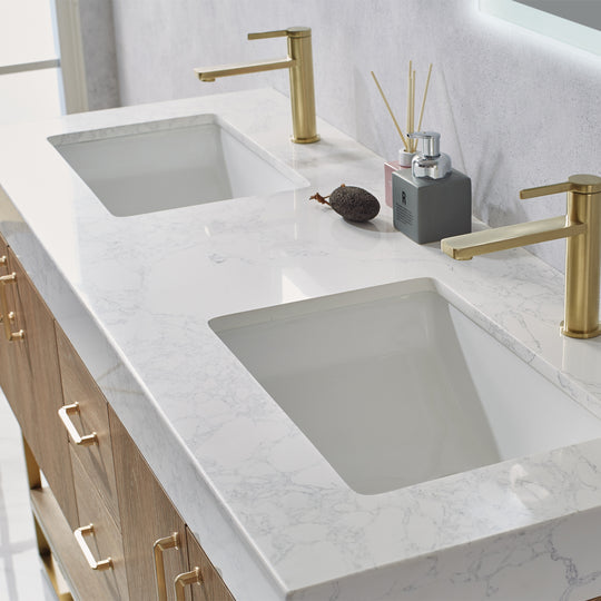 Vinnova, Alistair 60" Double Vanity in North American Oak with White Grain Stone Countertop With Mirror