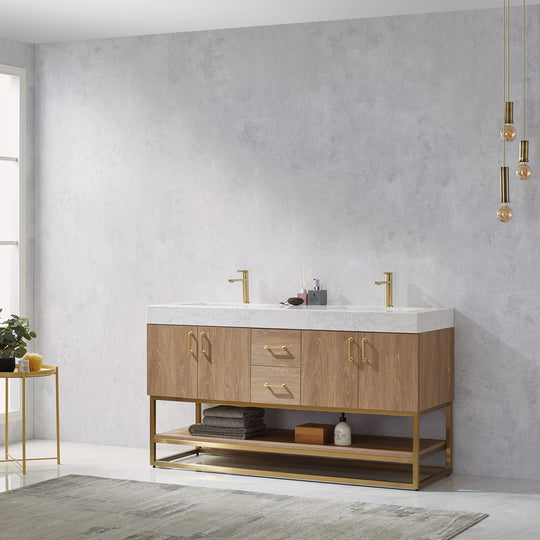 Vinnova, Alistair 60" Double Vanity in North American Oak with White Grain Stone Countertop With Mirror