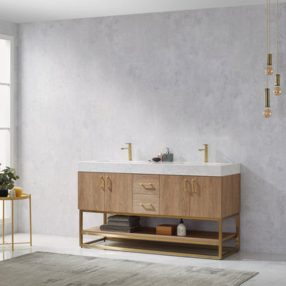 Vinnova, Alistair 60" Double Vanity in North American Oak with White Grain Stone Countertop With Mirror