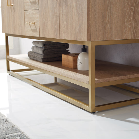 Vinnova, Alistair 60" Double Vanity in North American Oak with White Grain Stone Countertop With Mirror