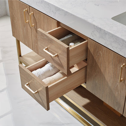 Vinnova, Alistair 60" Double Vanity in North American Oak with White Grain Stone Countertop With Mirror