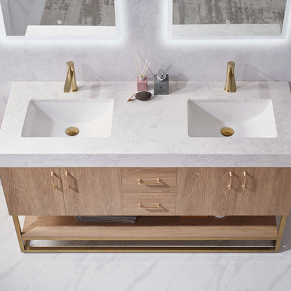Vinnova, Alistair 60" Double Vanity in North American Oak with White Grain Stone Countertop With Mirror