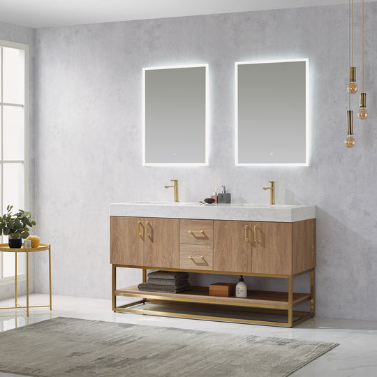 Vinnova, Alistair 60" Double Vanity in North American Oak with White Grain Stone Countertop With Mirror
