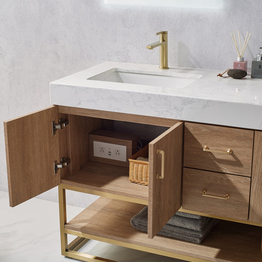 Vinnova, Alistair 60" Double Vanity in North American Oak with White Grain Stone Countertop With Mirror