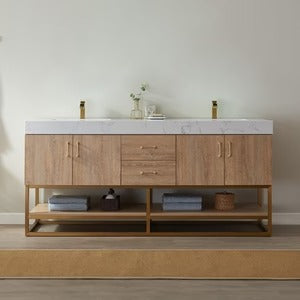 Vinnova, Alistair 72" Double Vanity in North American Oak with White Grain Stone Countertop Without Mirror