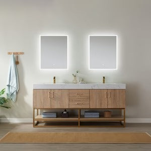 Vinnova, Alistair 72" Double Vanity in North American Oak with White Grain Stone Countertop Without Mirror
