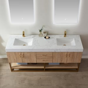 Vinnova, Alistair 72" Double Vanity in North American Oak with White Grain Stone Countertop Without Mirror