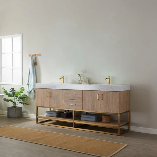Vinnova, Alistair 72" Double Vanity in North American Oak with White Grain Stone Countertop Without Mirror