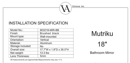 Vinnova, Mutriku 18 in. W x 36 in. H Rectangle Metal Wall Mirror in Brushed Black