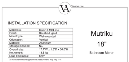 Vinnova, Mutriku 18 in. W x 36 in. H Rectangle Metal Wall Mirror in Brushed Gold