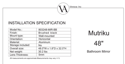 Vinnova, Mutriku 48 in. W x 32 in. H Rectangle Metal Wall Mirror in Brushed Black