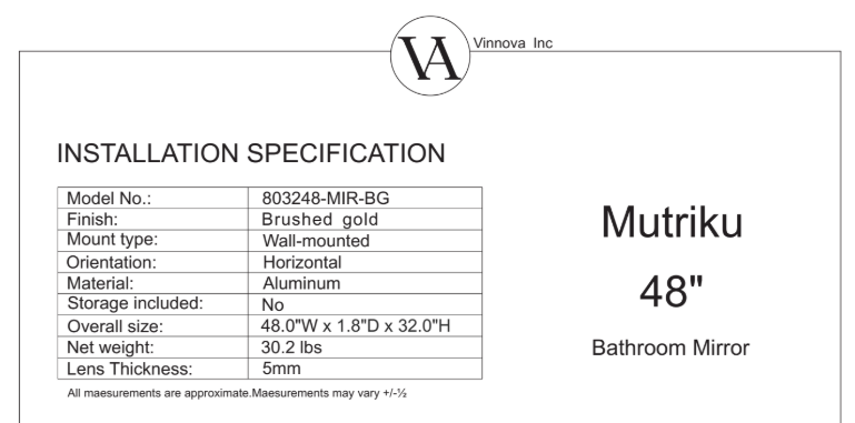Vinnova, Mutriku 48 in. W x 32 in. H Rectangle Metal Wall Mirror in Brushed Gold