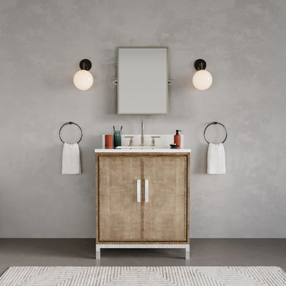 Westin 30 in. x 34.4 in. H Single Sink Bath Vanity in Lustrous Walnut with White Brook Quartz Top | Water Creation