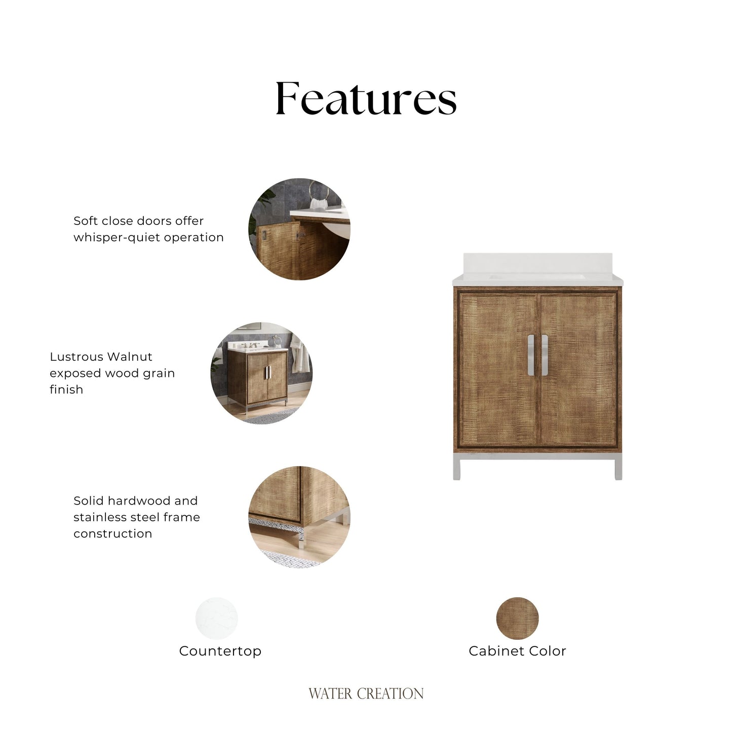 Westin 30 in. x 34.4 in. H Single Sink Bath Vanity in Lustrous Walnut with White Brook Quartz Top | Water Creation