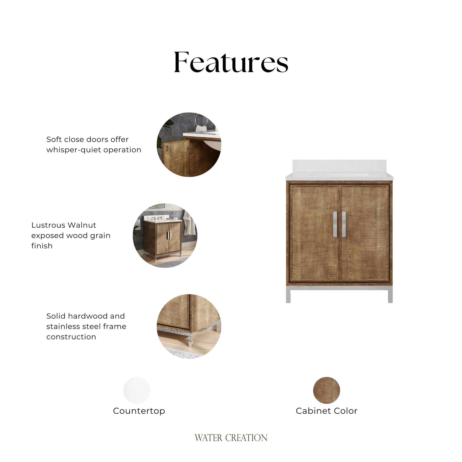 Westin 30 in. x 34.4 in. H Single Sink Bath Vanity in Lustrous Walnut with White Brook Quartz Top | Water Creation