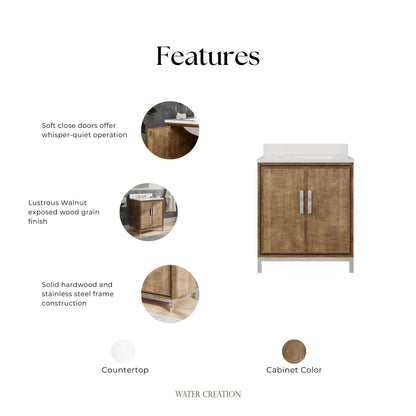 Westin 30 in. x 34.4 in. H Single Sink Bath Vanity in Lustrous Walnut with White Brook Quartz Top | Water Creation