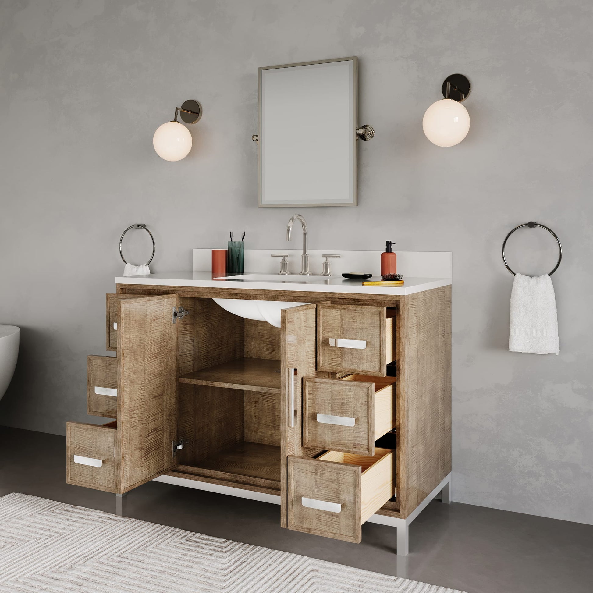 Westin 48 in. x 34.4 in. H Single Sink Bath Vanity in Lustrous Walnut with White Brook Quartz Top | Water Creation