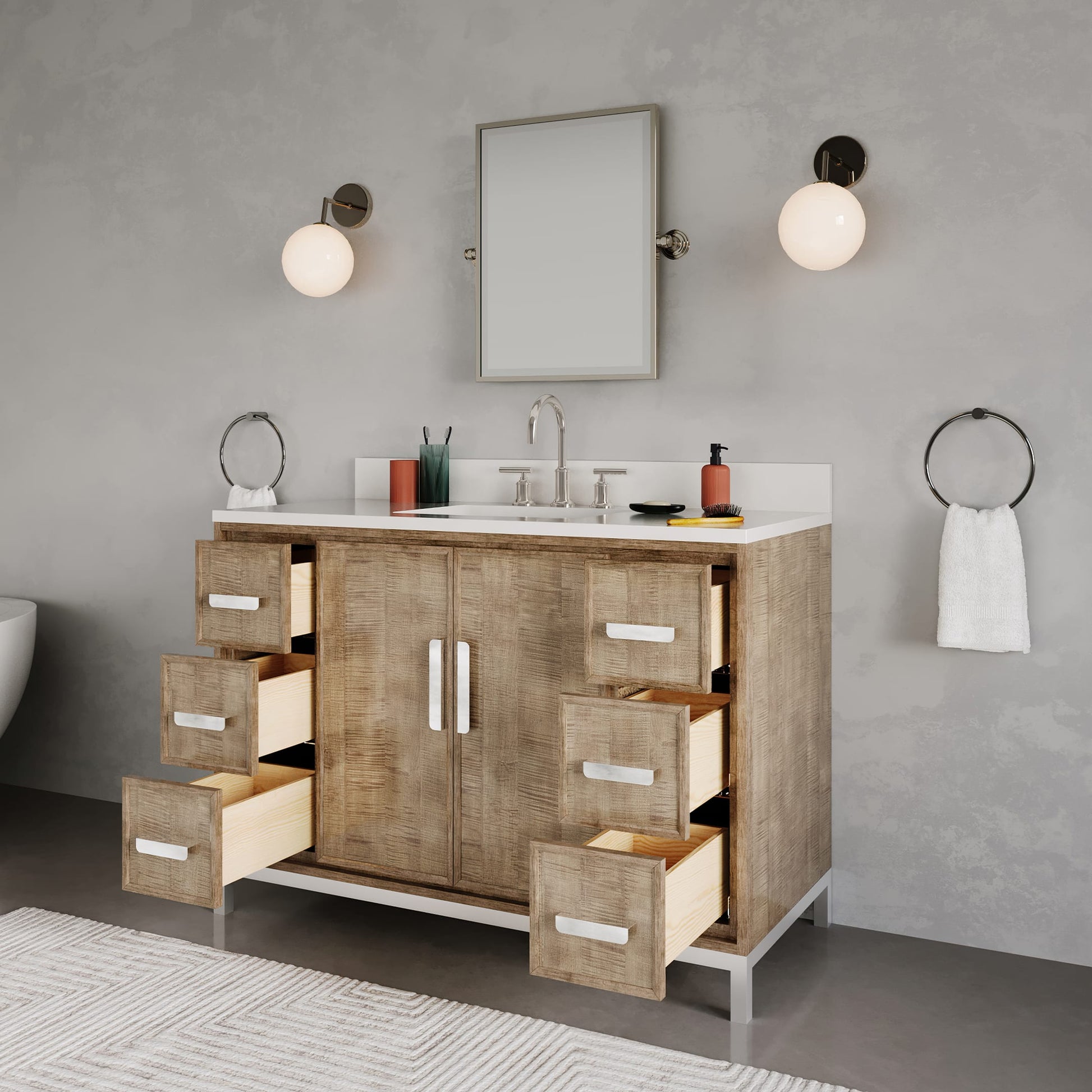 Westin 48 in. x 34.4 in. H Single Sink Bath Vanity in Lustrous Walnut with White Brook Quartz Top | Water Creation
