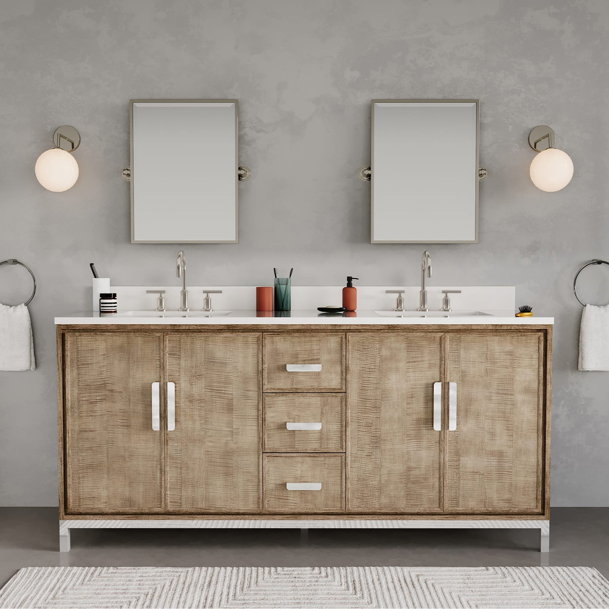 Westin 72 in. x 34.4 in. H Double Sink Bath Vanity in Lustrous Walnut with White Brook Quartz Top | Water Creation